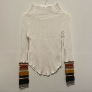 Free People Mixed Up Cuff Ivory Ribbed Top Multicolored Sleeves Womens XSmall